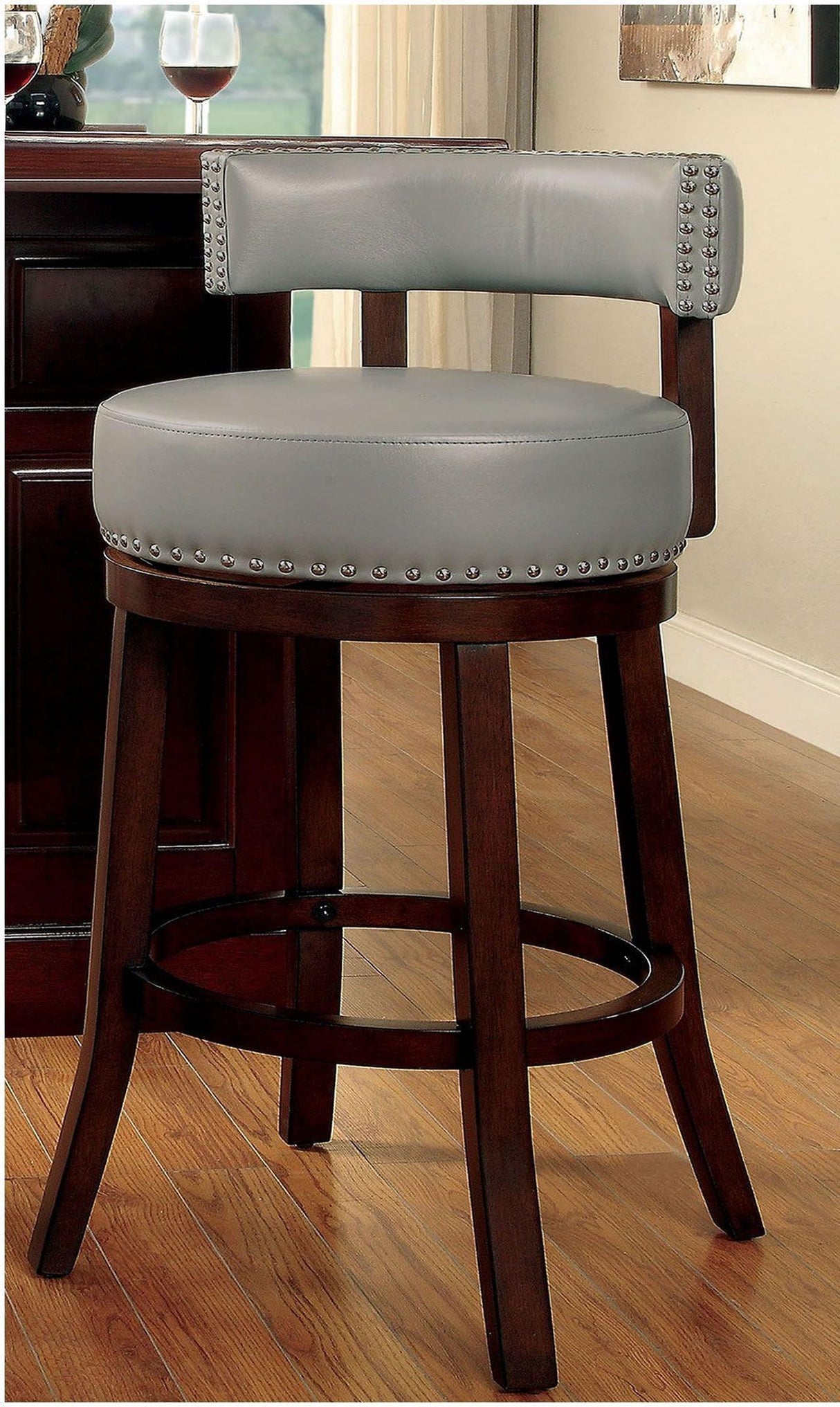 Sherly Set of 2 Bar stool 30" Swivel Stool Dark Oak Solid wood Dark Gray Leatherette Chairs Dining Room - Home Elegance USA