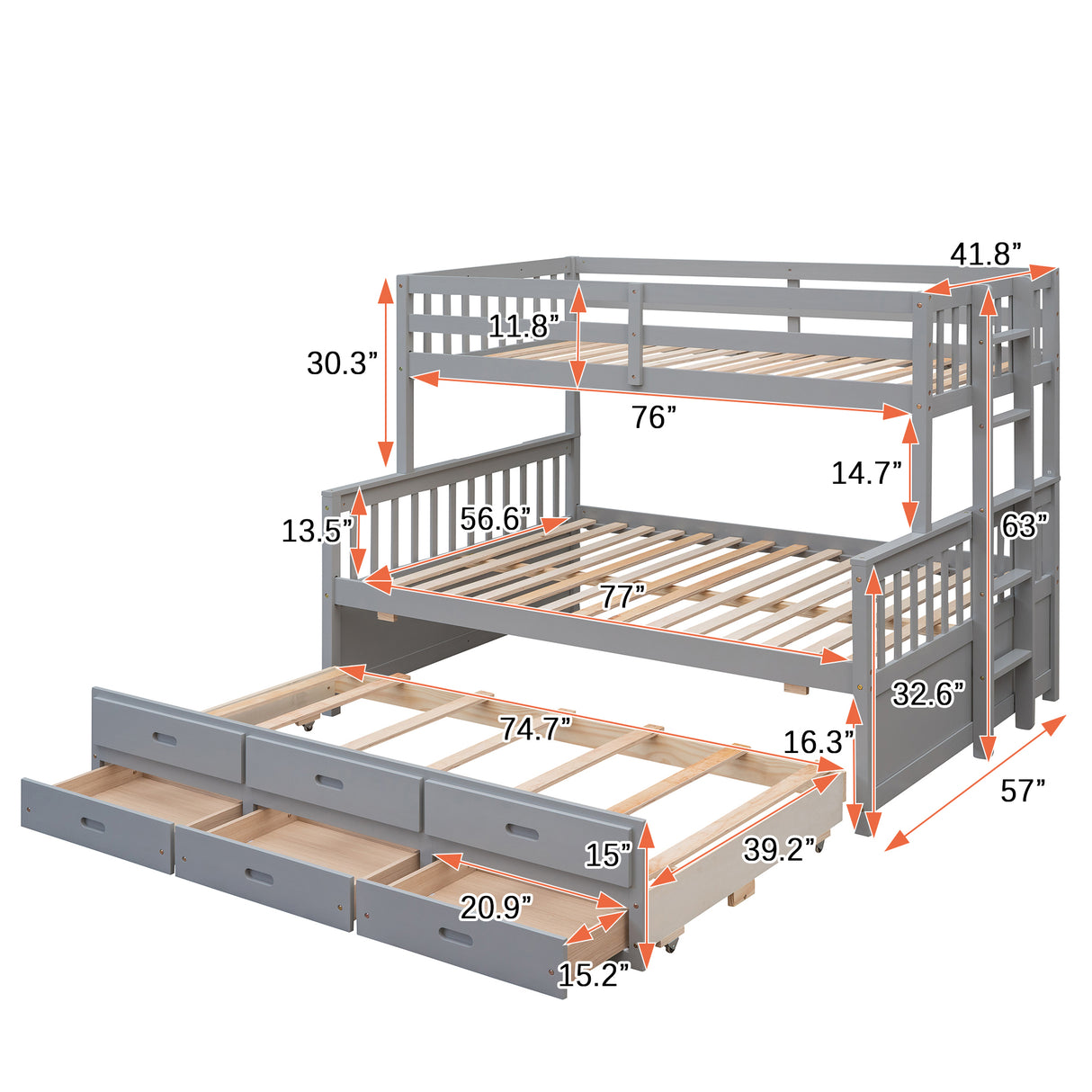 Twin-Over-Full Bunk Bed with Twin size Trundle , Separable Bunk Bed with Drawers for Bedroom - Gray - Home Elegance USA