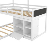 L-shaped Wood Triple Twin Size Bunk Bed with Storage Cabinet and Blackboard, Ladder, White - Home Elegance USA