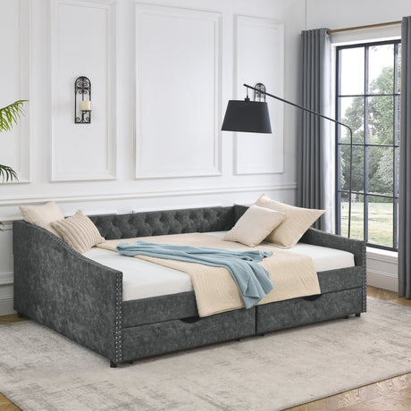 Queen Size Daybed with Drawers Upholstered Tufted Sofa Bed,,with Button on Back and Copper Nail on Waved Shape Arms, Grey (84.5"x63.5"x26.5") Home Elegance USA