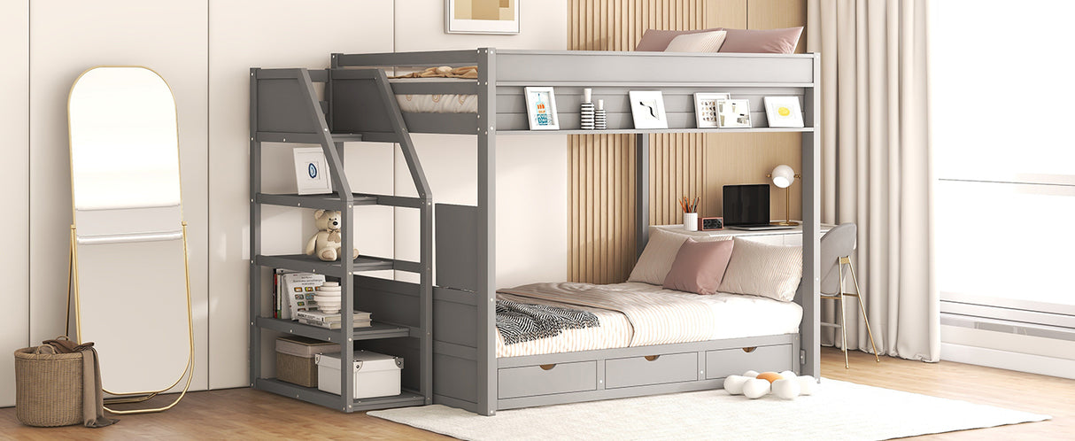 Wood Full Size Convertible Bunk Bed with Storage Staircase, Bedside Table, and 3 Drawers, Gray - Home Elegance USA