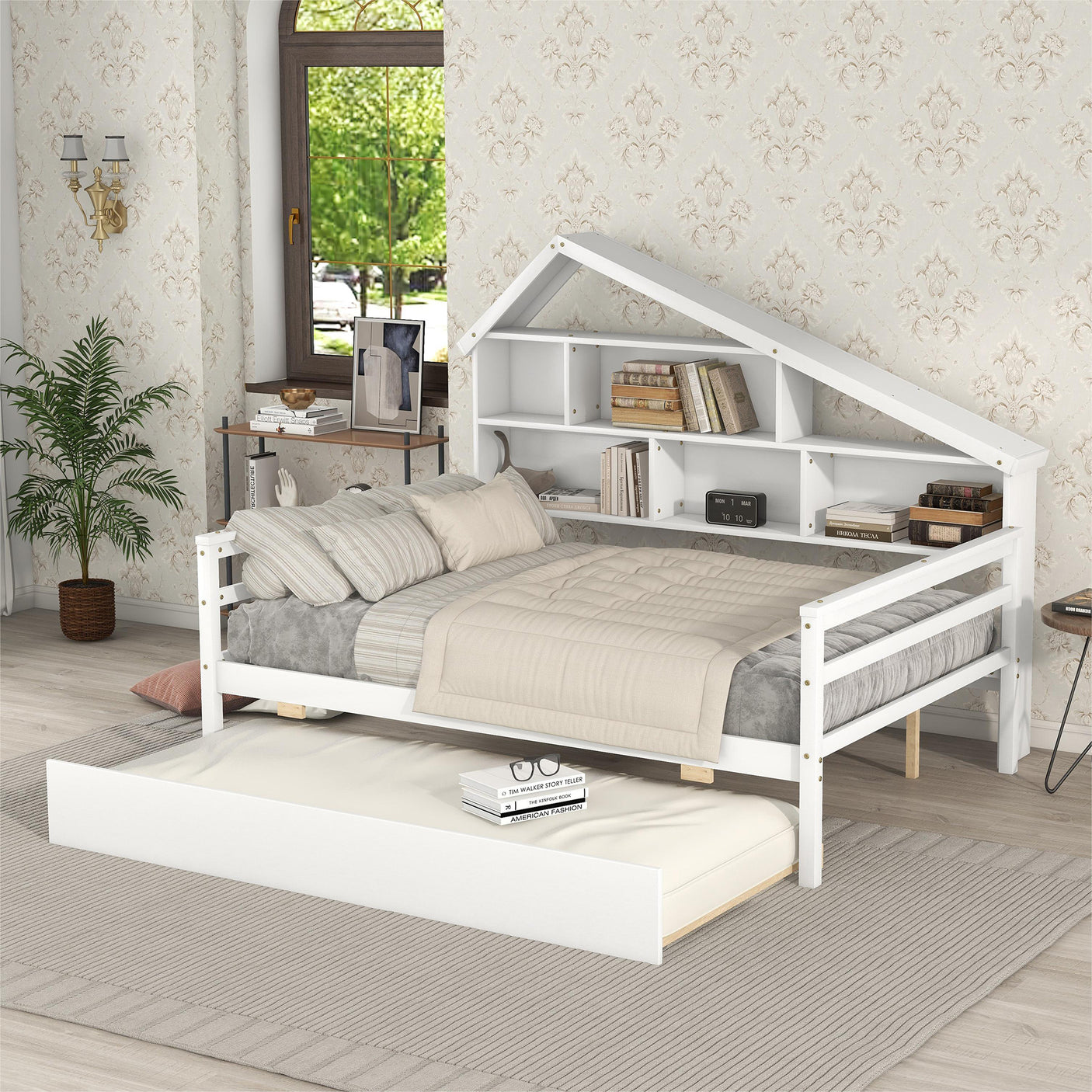 Full Size Platform Bed with Trundle and Shelves, White - Home Elegance USA