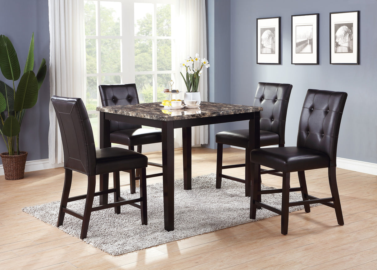 Contemporary Counter Height Dining 5pc Set Table w 4x Chairs Brown Finish Birch Faux Marble Table Top Tufted Chairs Cushions Kitchen Dining Room Furniture Dinette - Home Elegance USA