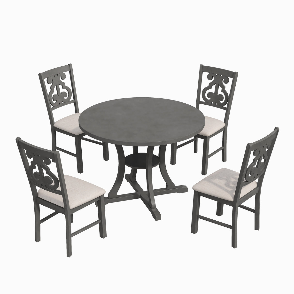 TREXM 5-Piece Round Dining Table and Chair Set with Special-shaped Legs and an Exquisitely Designed Hollow Chair Back for Dining Room (Gray) - Home Elegance USA