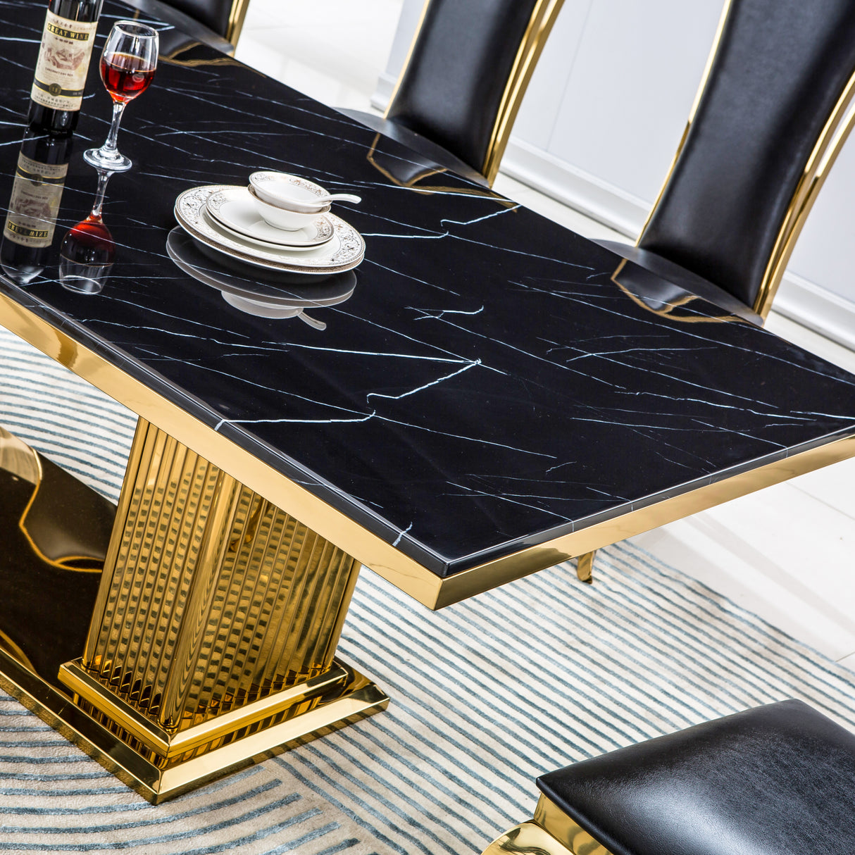 Modern Rectangular Marble Dining Table, 0.71" Thick Marble Top, Double Pedestal Pillar Stainless Steel Base with Gold Mirrored Finish(Not Including Chairs) - Home Elegance USA