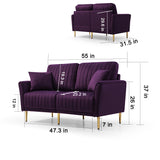 2 - Piece Velvet Upholstered Living Room Sofa Set, Including 2 Pieces 2 - Seater Sofa with Channel Tufted and Revsible Pillows, Free Self Fabric Pillow Included, Purple | Home Elegance USA