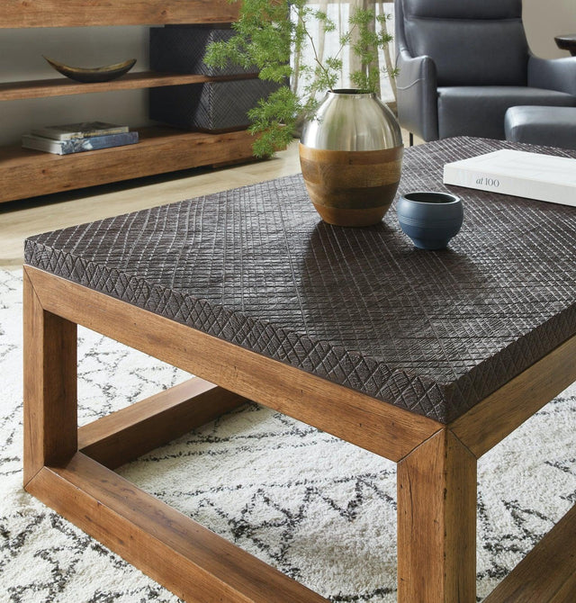 Hooker Furniture Big Sky Cocktail Table – Vintage Natural Base, Crosshatch Texture Top, Rustic Wood Coffee Table