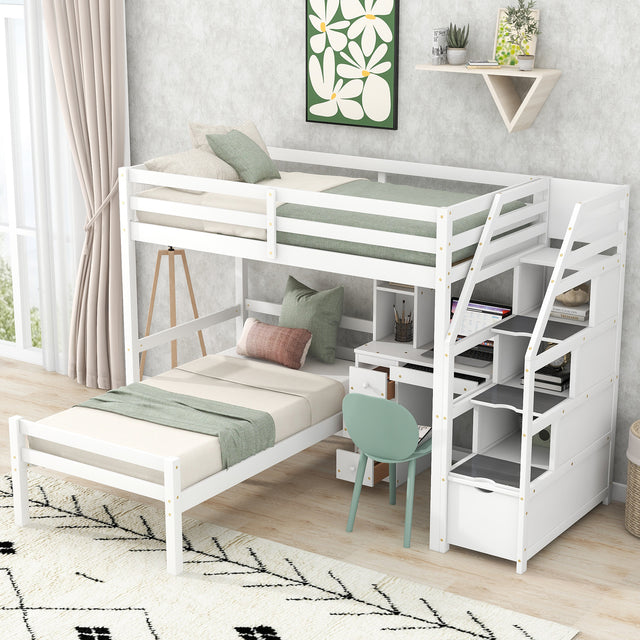 Twin Size Loft Bed with a Stand-alone Bed, Storage Staircase, Desk, Shelves and Drawers, White - Home Elegance USA