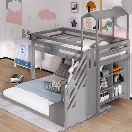 Twin over Full House Roof Bunk Bed with Staircase and Shelves, Gray - Home Elegance USA