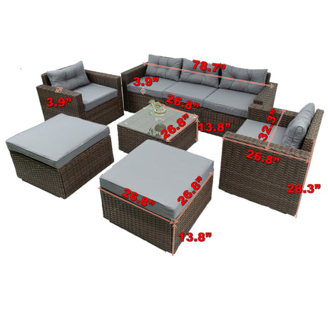 6 Piece Patio Rattan Wicker Outdoor Furniture Conversation Sofa Set with Removeable Cushions and Temper glass TableTop - W329S00061 - image - 5