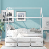 Twin size Wooden House Bed with Trundle and 3 Storage Drawers-White - Home Elegance USA