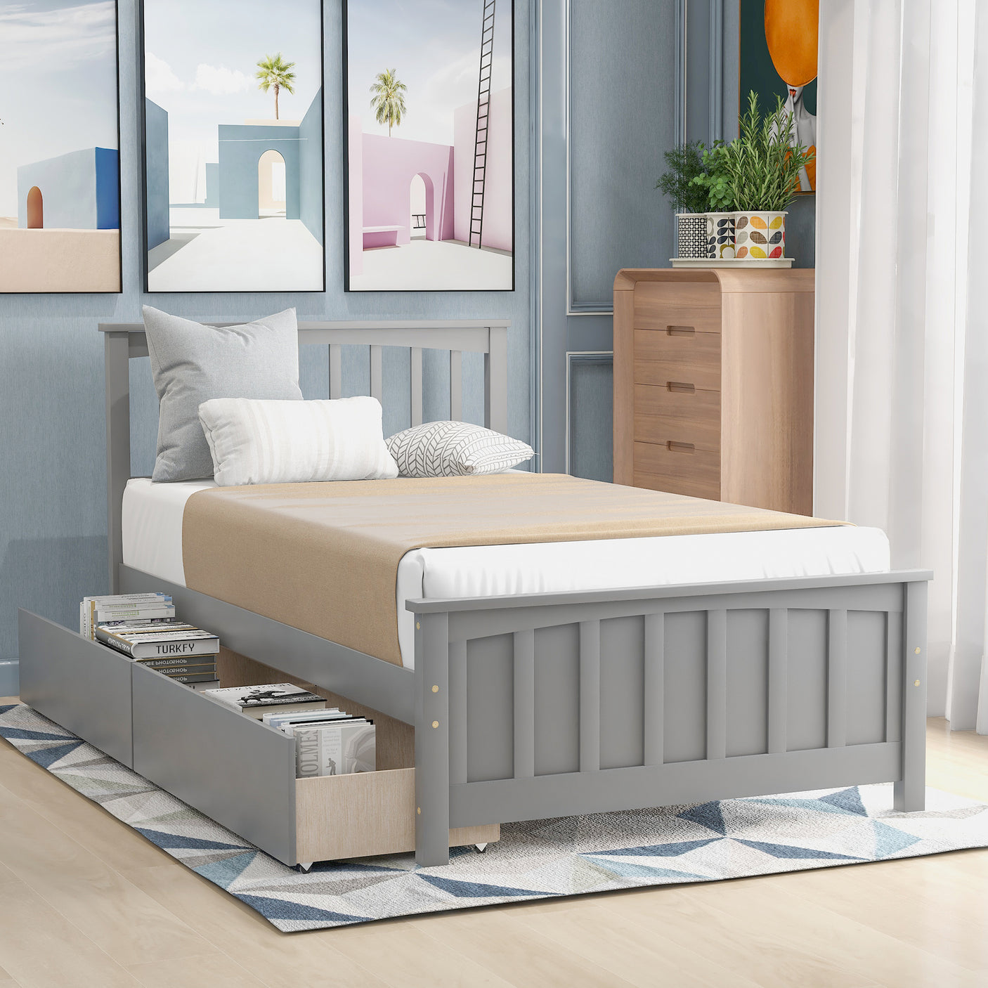 Twin size Platform Bed with Two Drawers, Gray - Home Elegance USA