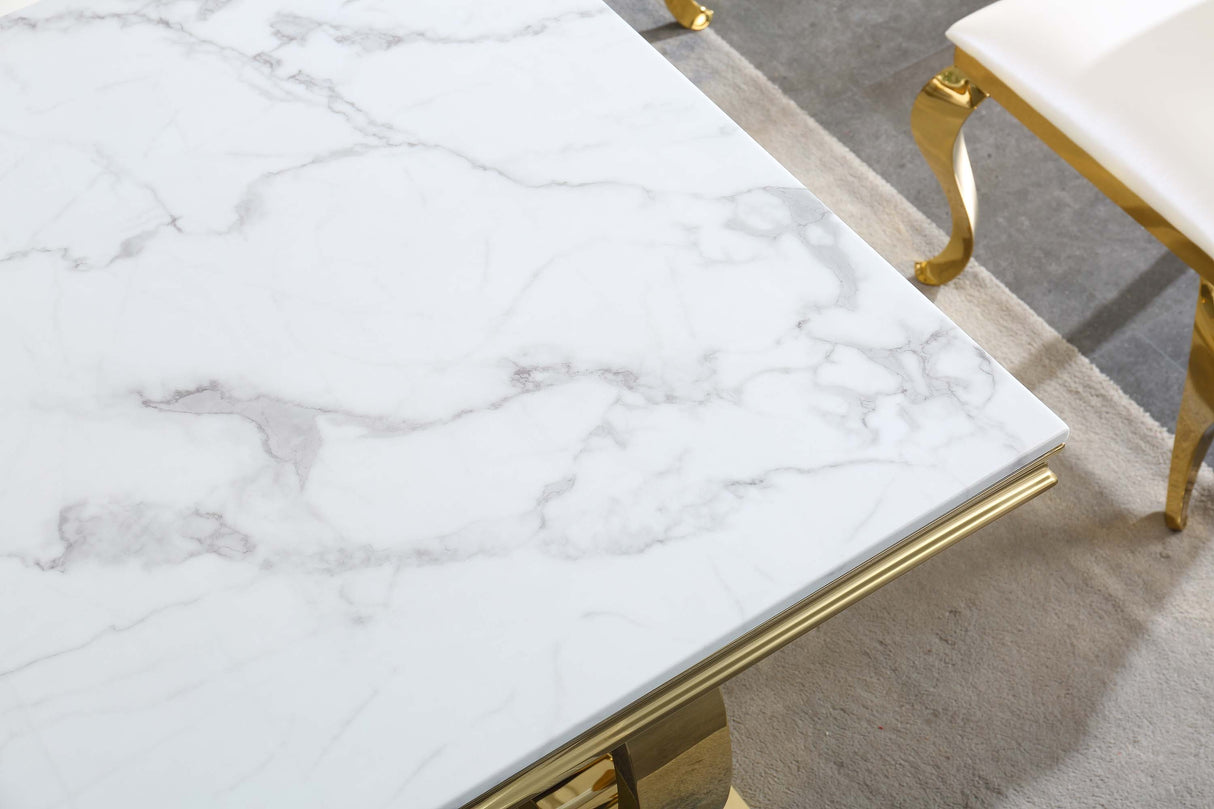 Modern Rectangular White Marble Dining Table, 0.71" Thick Marble Top, Double U-Shape Stainless Steel Base with Gold Mirrored Finish - Home Elegance USA