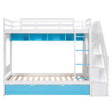 Twin Over Twin Bunk Bed with Trundle ,Stairs,Ladders Solid Wood Bunk bed with Storage Cabinet （White + Blue） - Home Elegance USA