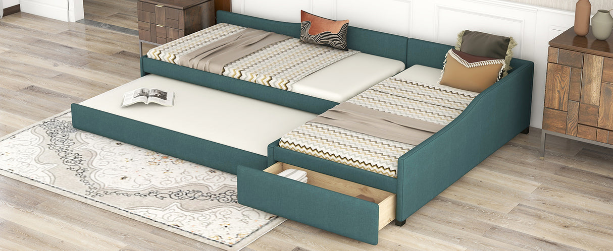 Upholstered Double Twin Size Daybed with Trundle and Drawer, Green