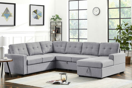 Selene Light Gray Linen Fabric Sleeper Sectional Sofa with Storage Chaise - Home Elegance USA