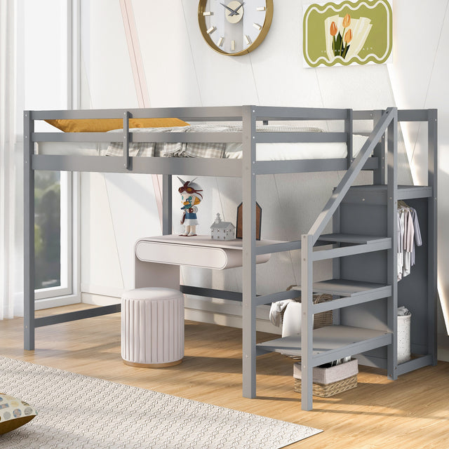 Full Size Loft Bed with Built-in Storage Wardrobe and Staircase,Gray - Home Elegance USA