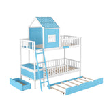 Twin over Twin Bunk Bed with Twin Size Trundle , Farmhouse Bed with Storage Box and Drawer - Blue - Home Elegance USA