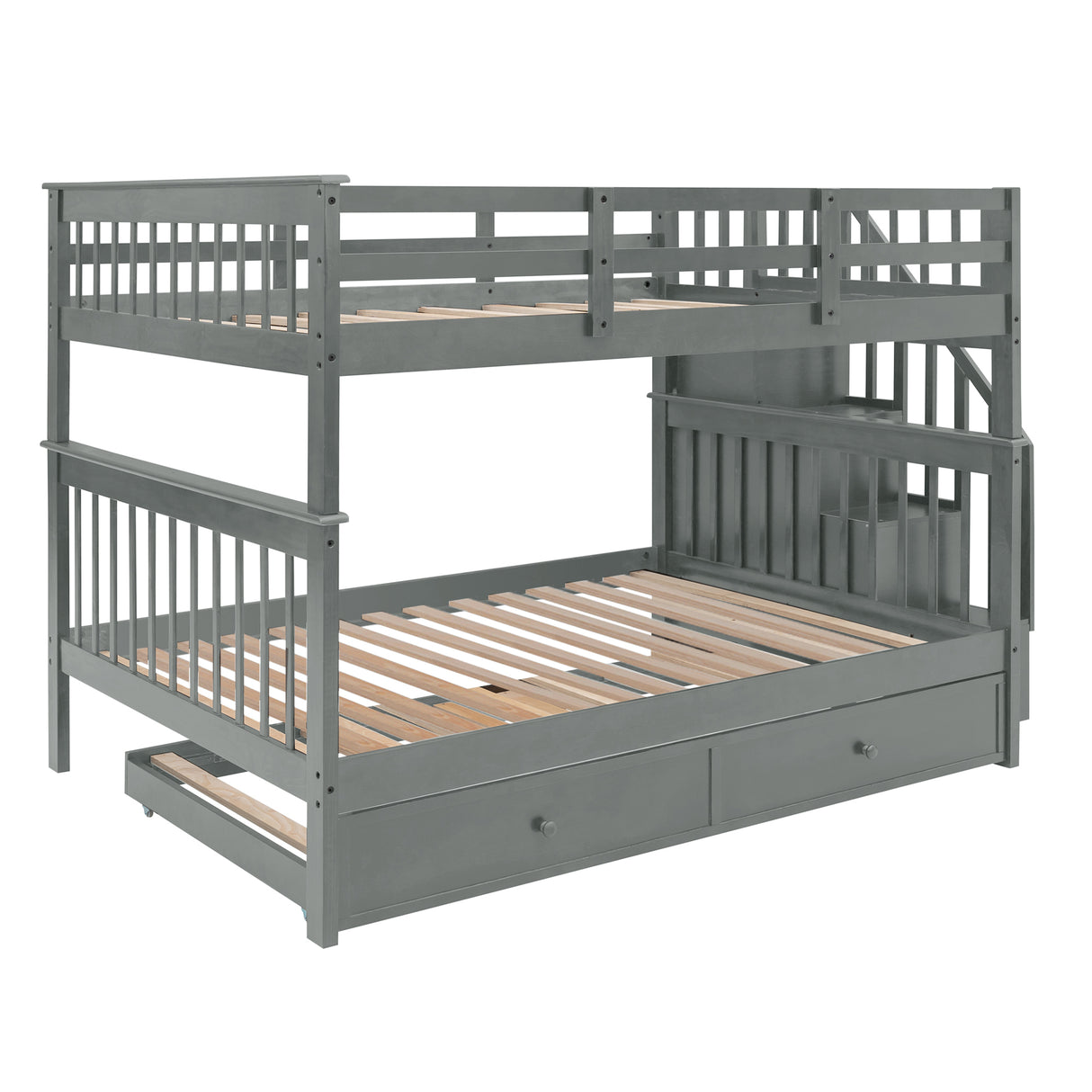 Stairway Full-Over-Full Bunk Bed with Twin size Trundle, Storage and Guard Rail for Bedroom, Dorm - Gray(OLD SKU :LP001210AAE) - Home Elegance USA