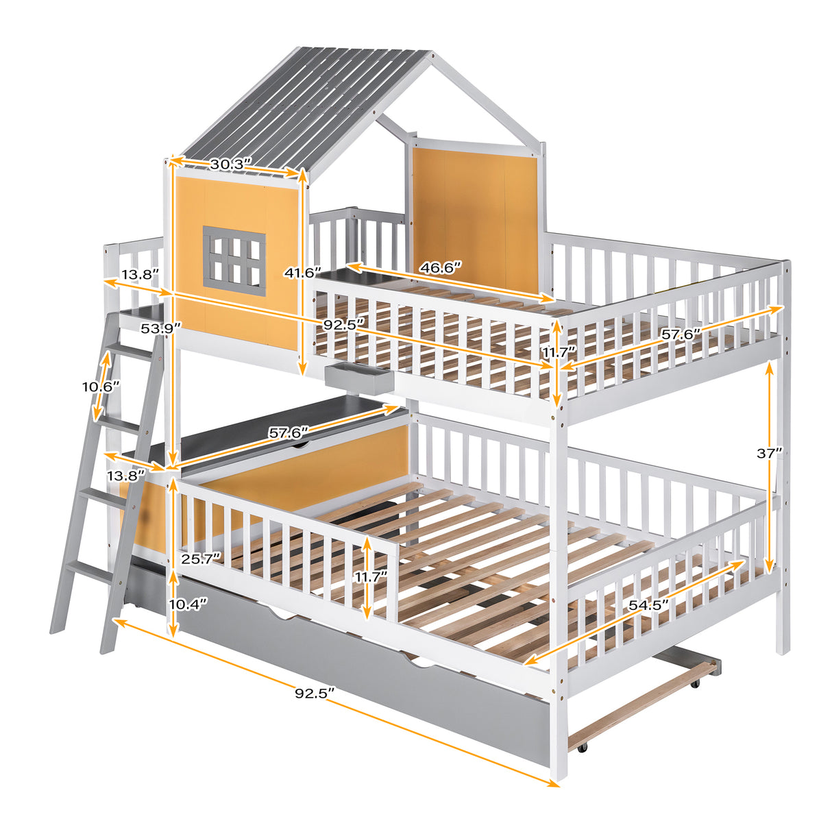 Full over Full Bunk Bed with Twin Size Trundle , Farmhouse Bed with Storage Box and Drawer - Yellow - Home Elegance USA