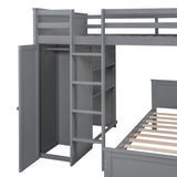 Full size Loft Bed with a twin size Stand-alone bed, Shelves,Desk,and Wardrobe-Gray - Home Elegance USA