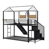 Twin Over Twin Metal Bunk Bed ,Metal Housebed with Slide and Storage Stair,Black with Black Slide(OLD SKU:LP000195AAB) - Home Elegance USA