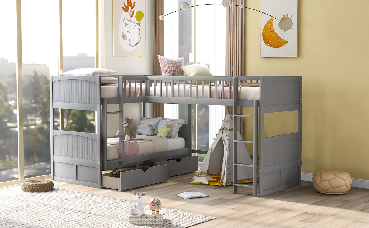Twin Size Bunk Bed with a Loft Bed attached, with Two Drawers,Gray - Home Elegance USA