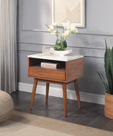 Walnut Finish 1pc End Table with Faux Marble and Drawer Shelf Living Room Furniture Side Table - Home Elegance USA