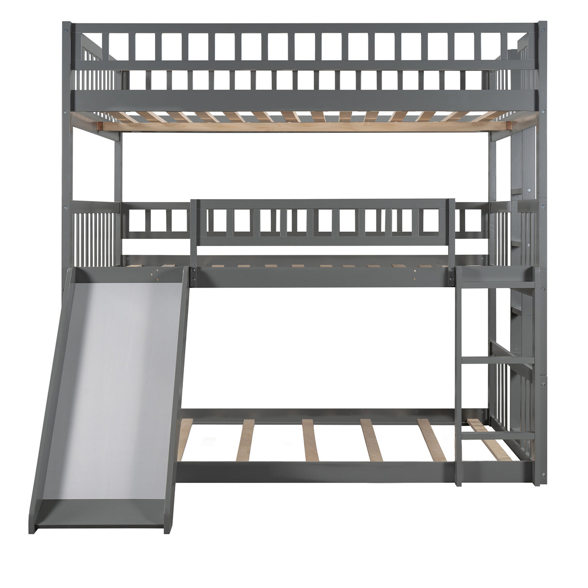 Full-Over-Full-Over-Full Triple Bed with Built-in Ladder and Slide , Triple Bunk Bed with Guardrails, Gray(OLD SKU :LP000052AAE) - Home Elegance USA