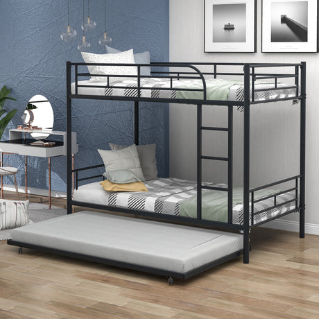 Twin-Over-Twin Metal Bunk Bed With Trundle,Can be Divided into two beds,No Box Spring needed ,Black ( old sku: MF194806AAB ) - Home Elegance USA