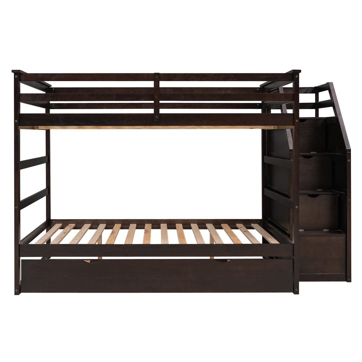 Full-over-Full Bunk Bed with Twin Size Trundle and 3 Storage Stairs,Espresso - Home Elegance USA