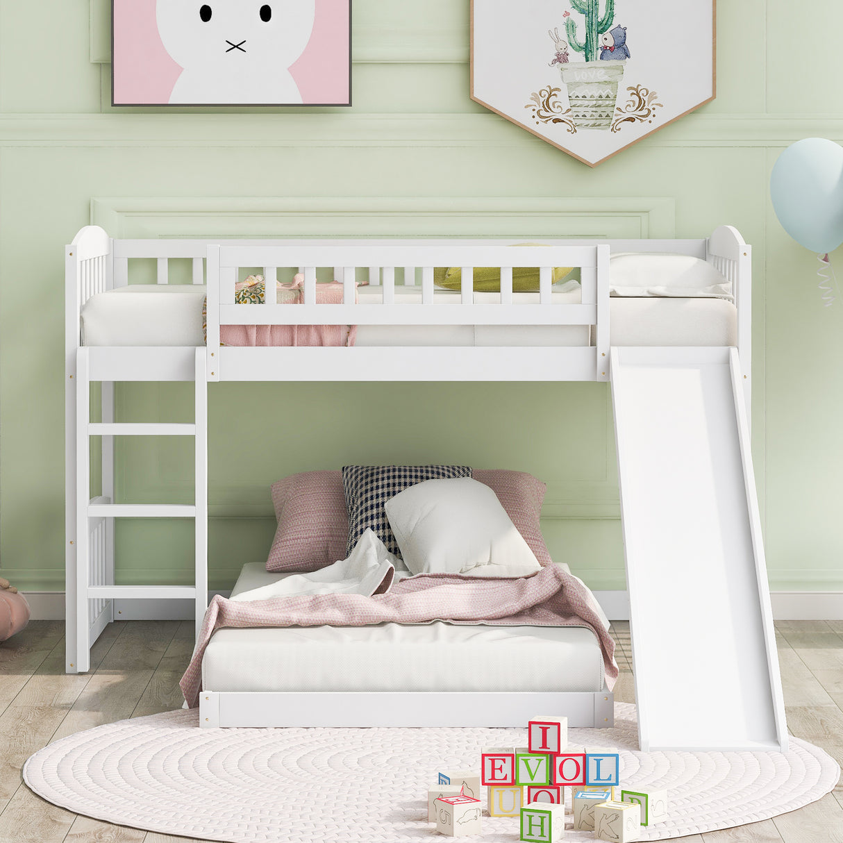 Twin Over Twin Bunk Bed with Slide and Ladder, White(OLD SKU :LP000514AAK) - Home Elegance USA