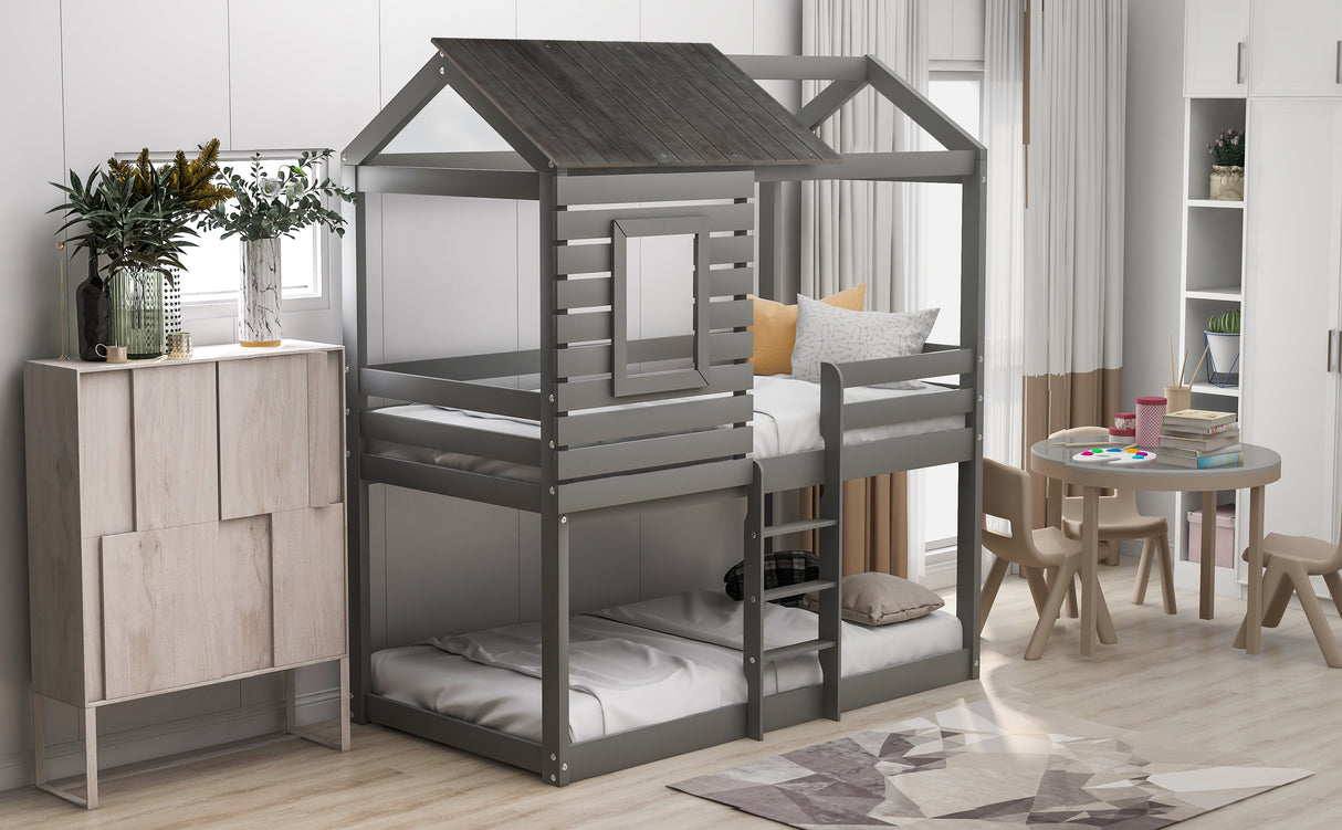 Twin Over Twin Bunk Bed Wood Loft Bed with Roof, Window, Guardrail, Ladder (Gray)(OLD SKU: LP000088AAN) - Home Elegance USA