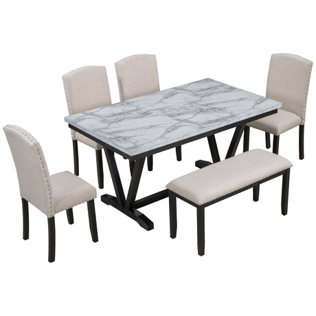 TREXM Modern Style 6-piece Dining Table with 4 Chairs & 1 Bench, Table with Marbled Veneers Tabletop and V-shaped Table Legs (White) - Home Elegance USA