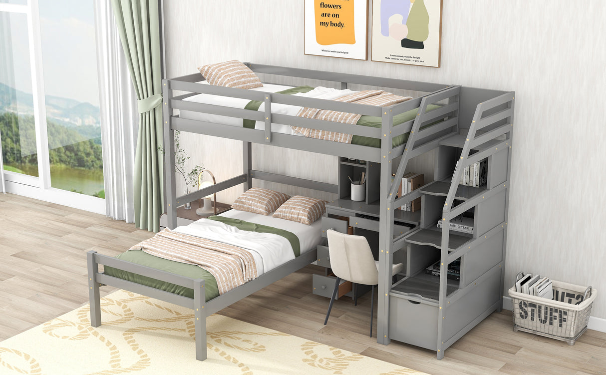 Twin Size Loft Bed with a Stand-alone Bed, Storage Staircase, Desk, Shelves and Drawers, Gray - Home Elegance USA