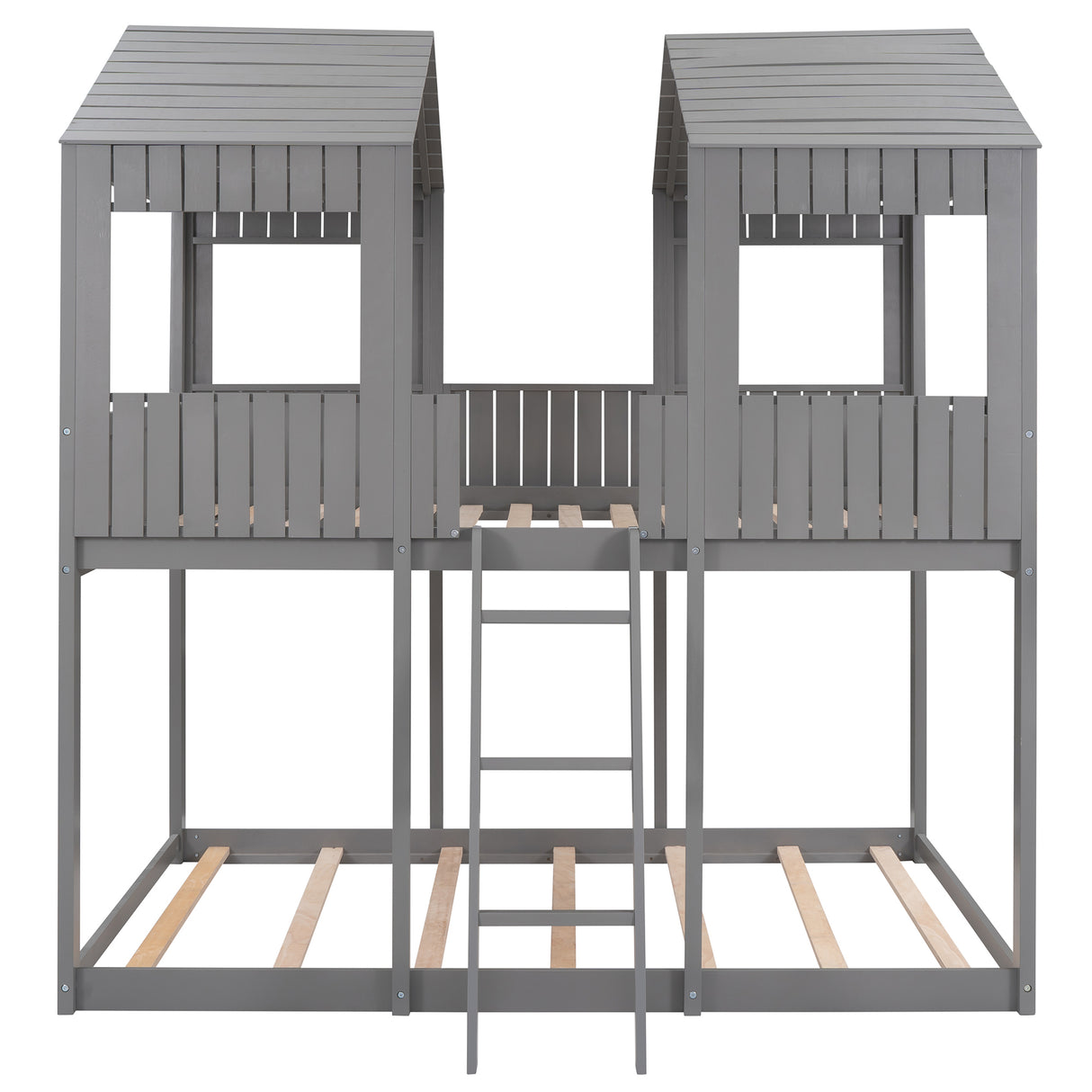 Full Over Full WoodBunk Bed with Roof, Window, Guardrail, Ladder (Gray)( old sku: LP000031AAN ) - Home Elegance USA