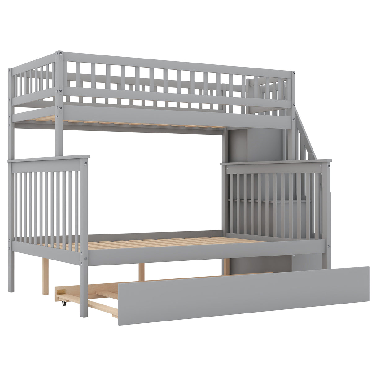 Twin over Full Bunk Bed with Trundle and Staircase,Gray - Home Elegance USA