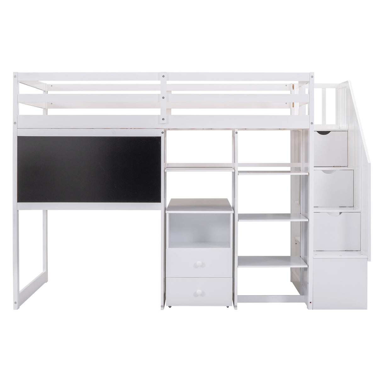 Twin Size Loft Bed with Pullable Desk and Storage Shelves,Staircase and Blackboard,White - Home Elegance USA