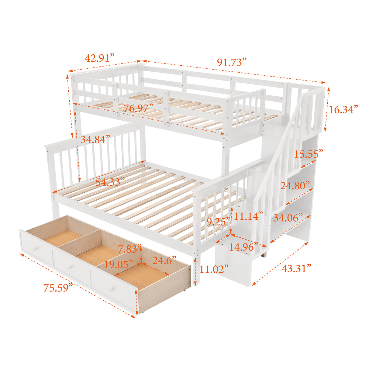 Stairway Twin-Over-Full Bunk Bed with Drawer, Storage and Guard Rail for Bedroom, Dorm, for Adults, White color(OLD SKU :LP000219AAK) Home Elegance USA