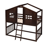 Twin Over Twin House Bunk Bed With Ladder, Wood Bed-Espresso - Home Elegance USA