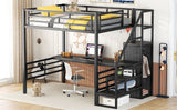 Full Size Metal Loft Bed with Desk, Storage Staircase and Small Wardrobe, Storage stairs can be installed left and right,Black - Home Elegance USA