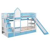 Twin-Over-Twin Castle Style Bunk Bed with 2 Drawers 3 Shelves and Slide - Blue