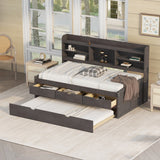Twin Size Wooden Captain Bed with Built-in Bookshelves,Three Storage Drawers and Trundle,Antique Gray - Home Elegance USA