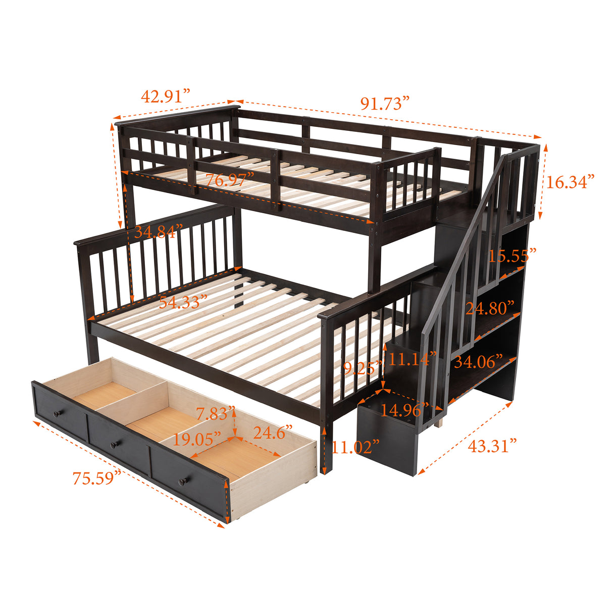 Stairway Twin-Over-Full Bunk Bed with Drawer, Storage and Guard Rail for Bedroom, Dorm, for Adults, Espresso color( old sku: LP000219AAP ) - Home Elegance USA