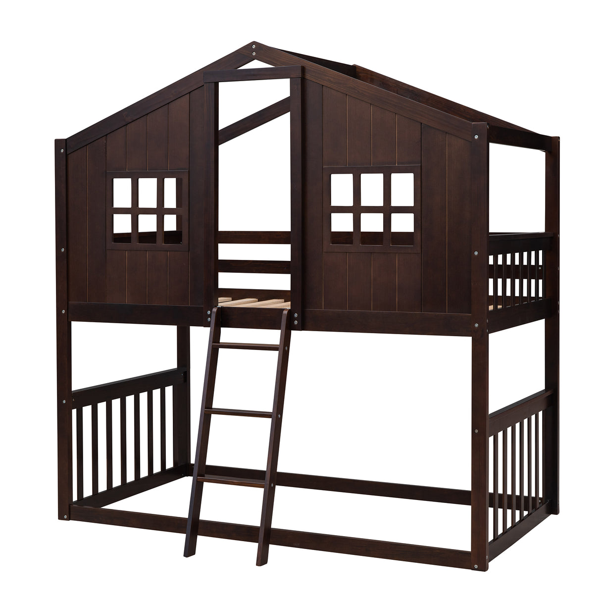 Twin Over Twin House Bunk Bed With Ladder, Wood Bed-Espresso - Home Elegance USA