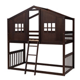 Twin Over Twin House Bunk Bed With Ladder, Wood Bed-Espresso - Home Elegance USA