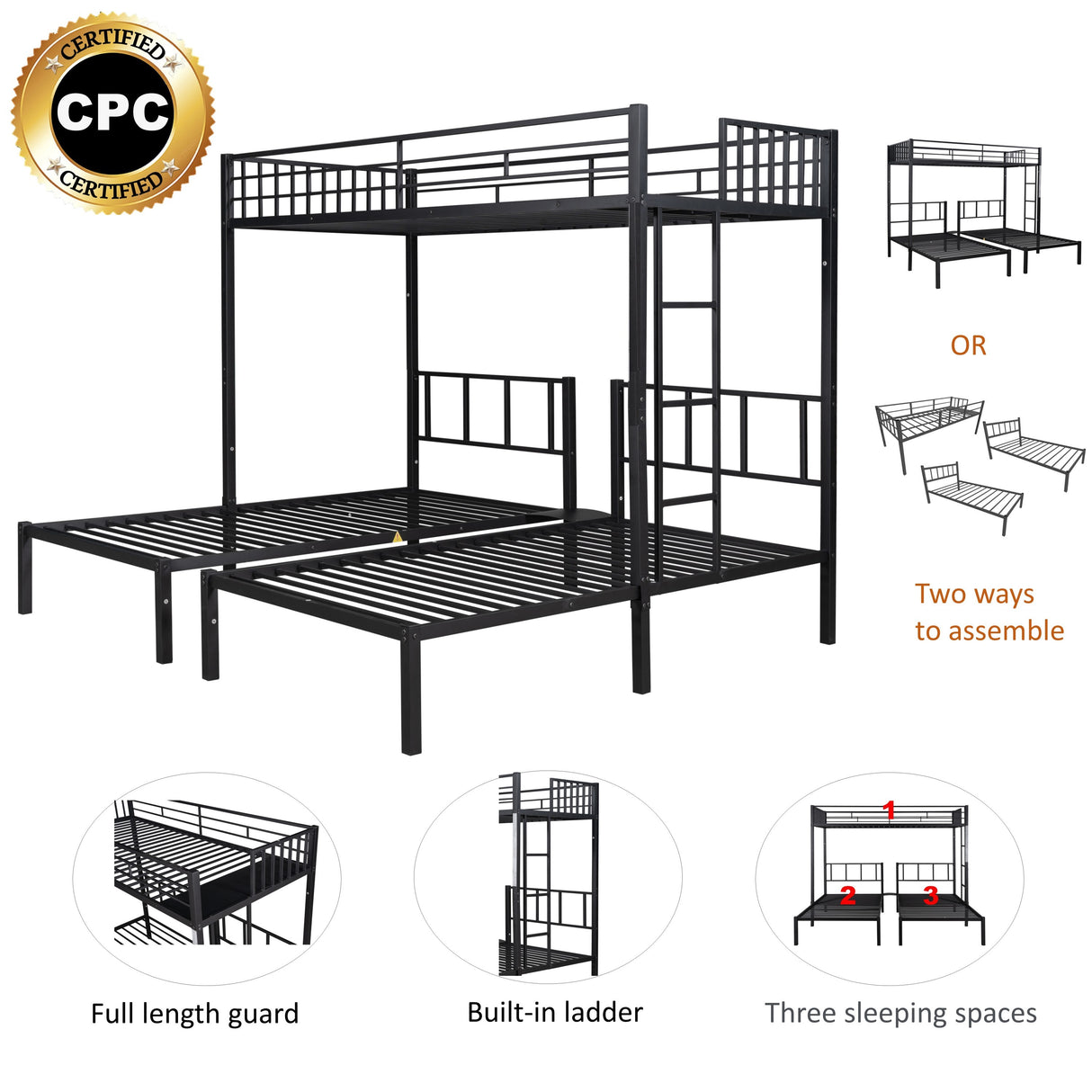 Triple twin bunk bed, can be separated into 3 twin beds - Home Elegance USA