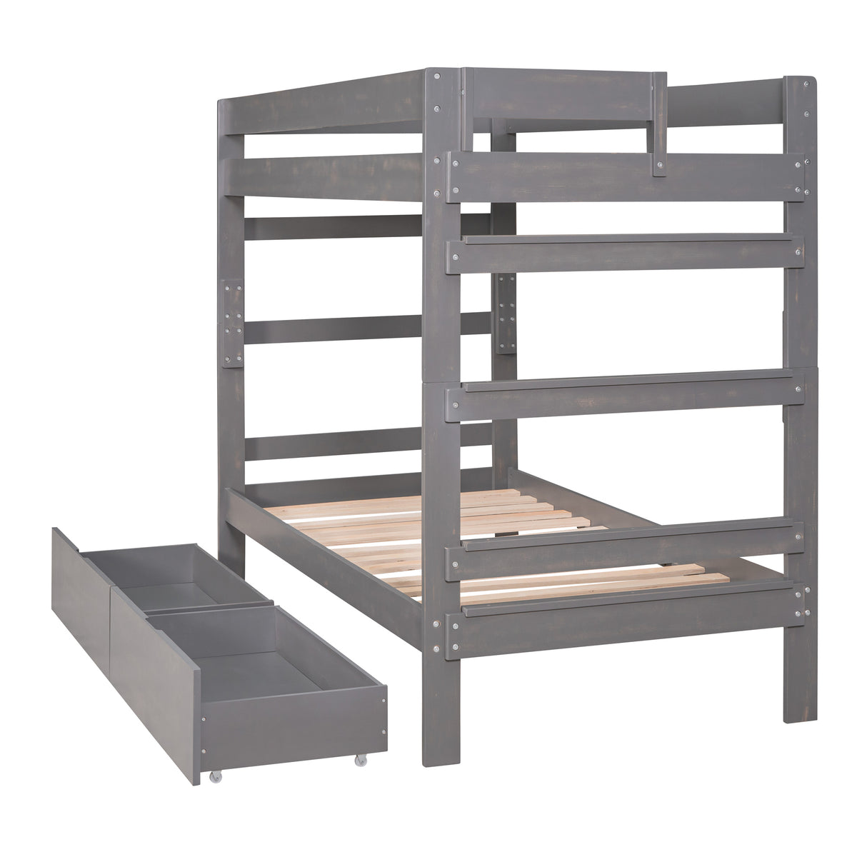 Twin over Twin Wood Bunk Bed with 2 Drawers, Gray - Home Elegance USA