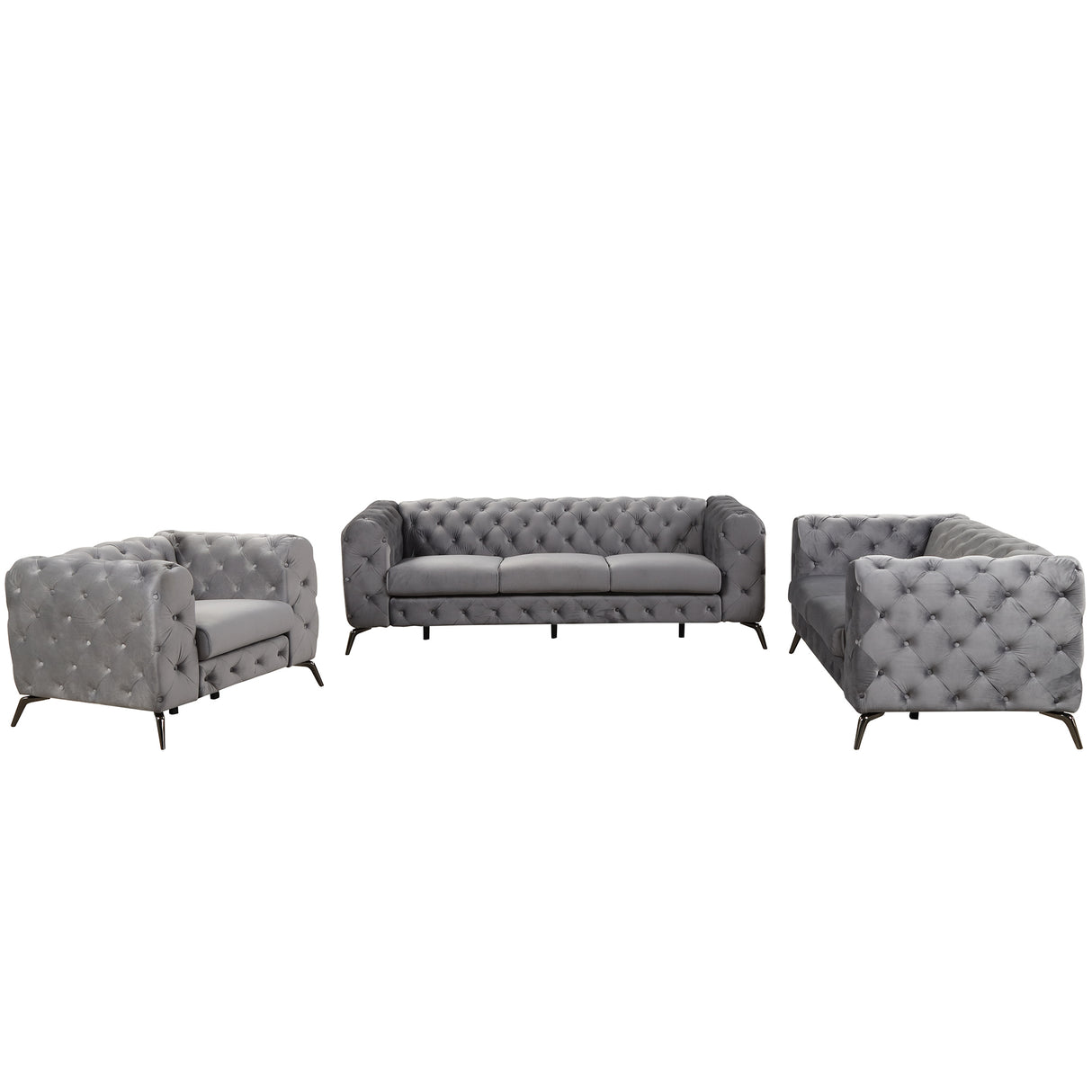 Modern 3-Piece Sofa Sets with Sturdy Metal Legs,Velvet Upholstered Couches Sets Including Three Seat Sofa, Loveseat and Single Chair for Living Room Furniture Set,Gray Home Elegance USA