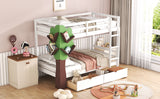 Twin-Over-Twin Bunk Bed with  a Tree Decor and Two Storage Drawers, White - Home Elegance USA